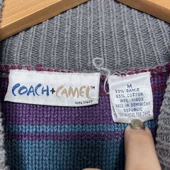 Vintage 90s Coach + Camel Ramie Striped Mock Neck Sweater Women Size M - Picture 2 of 4